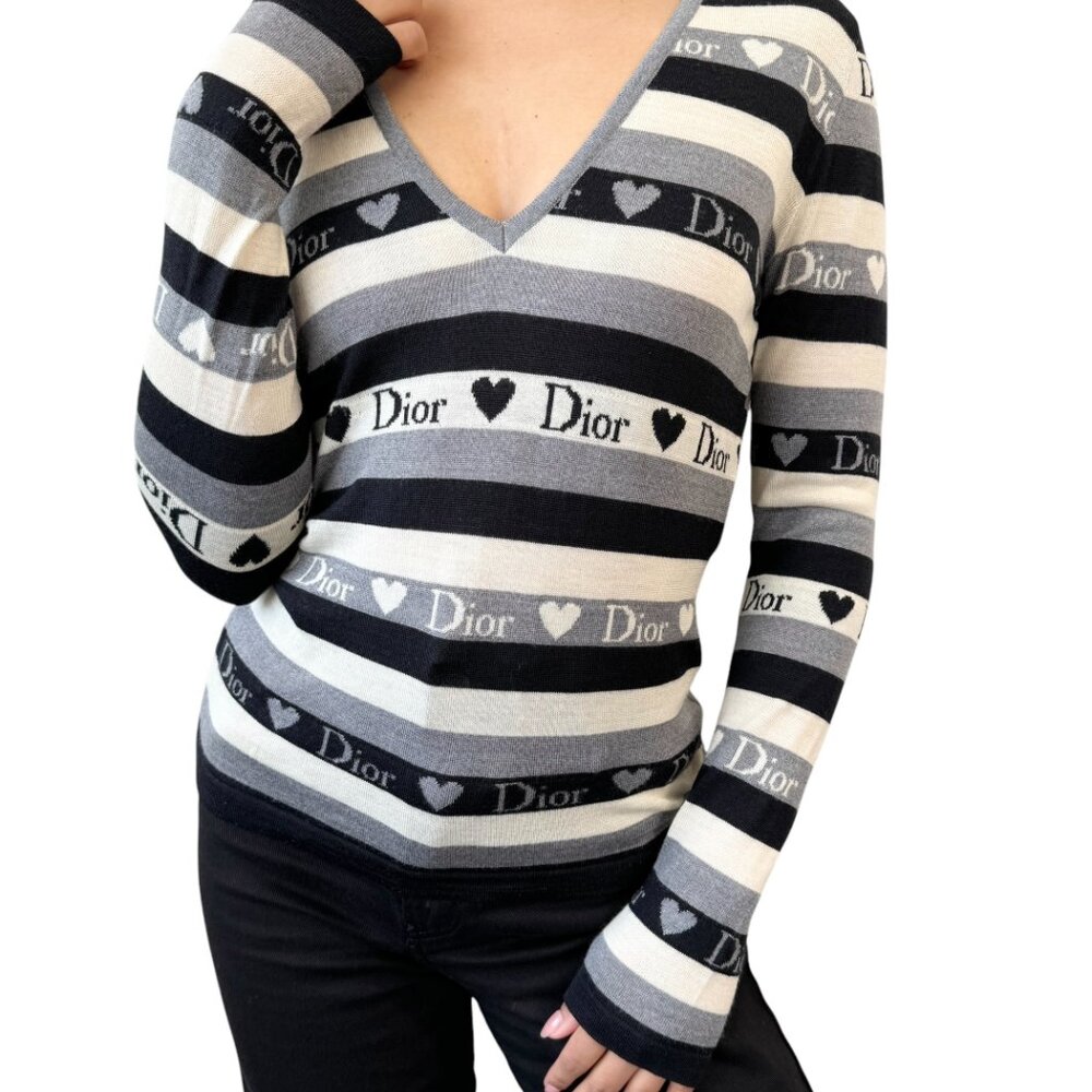 Christian Dior Vintage 2005 Logo Knit Top #42 Gray Black Heart Wool [103406]